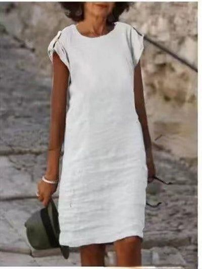 Fanny - Women's Multicolor Cotton Linen Sleeveless Round Neck Mid-Length Dress