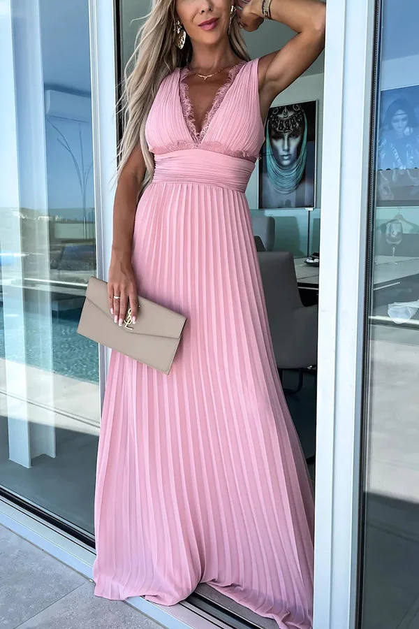 Elegant long dress with pleated V-neckline and lace detail