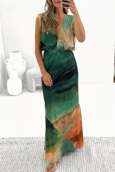 Batik A-line casual party dresses with backless V-neckline