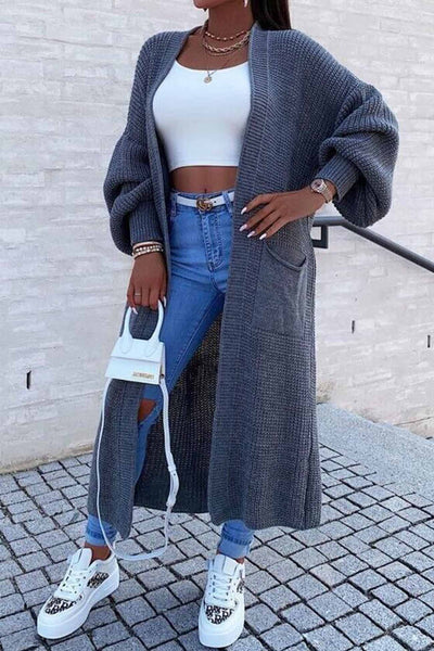 Long Cardigan with Dropped Shoulders and Wide Sleeves with Pockets