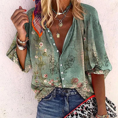 Lola - Green Printed 3/4 Sleeve Shirt