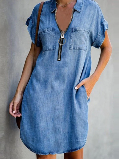 Claudia - Casual Lapel Neck Half Zip Short Sleeve Loose Midi Dress