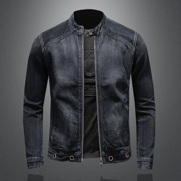 Dark Blue Denim Jacket with Stand-Up Collar and Zipper - Retro Style for Men