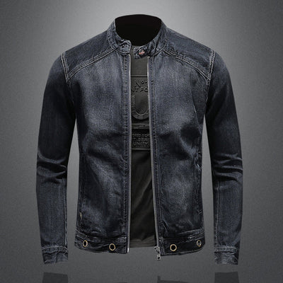 Dark Blue Denim Jacket with Stand-Up Collar and Zipper - Retro Style for Men