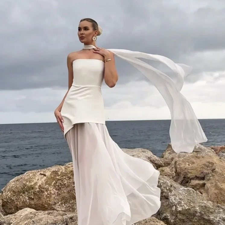 Elegant long dress with open back and scarf collar