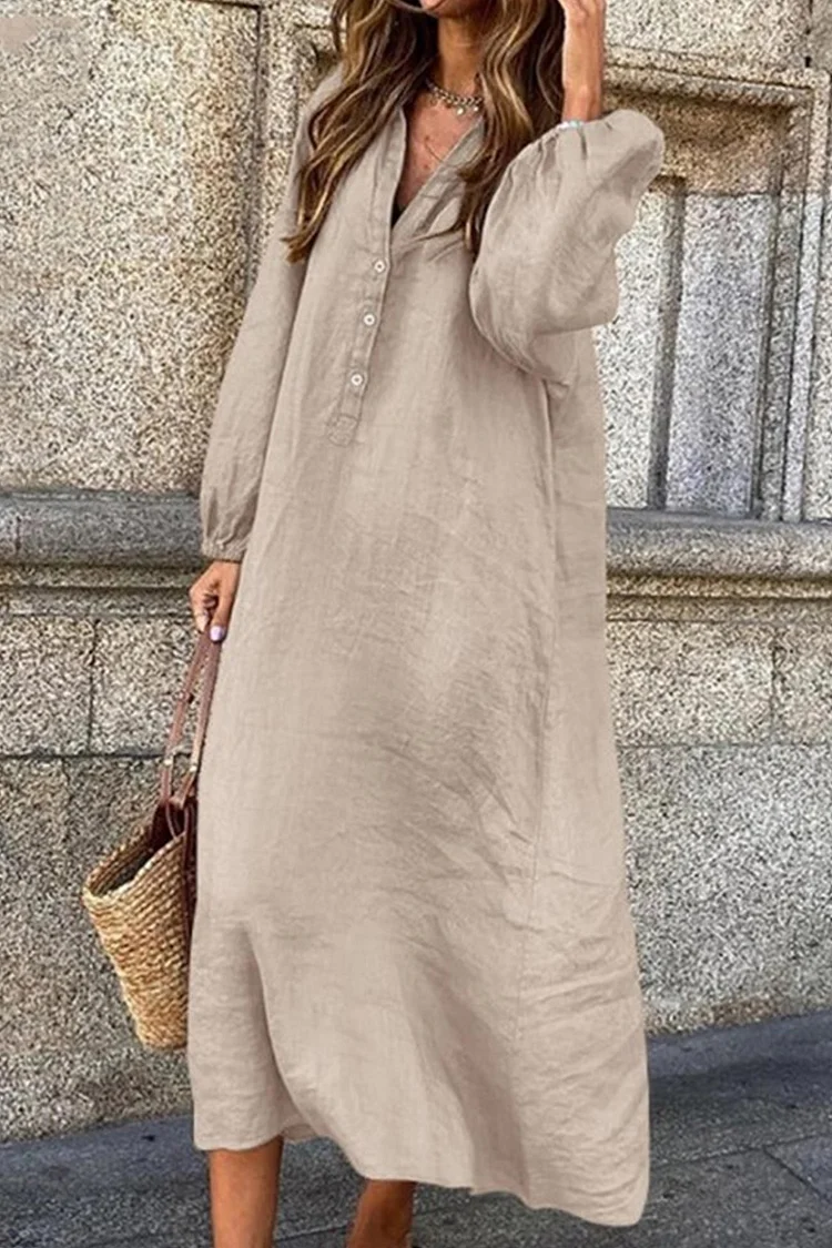 Laura - Single-breasted V-neck cotton linen dress