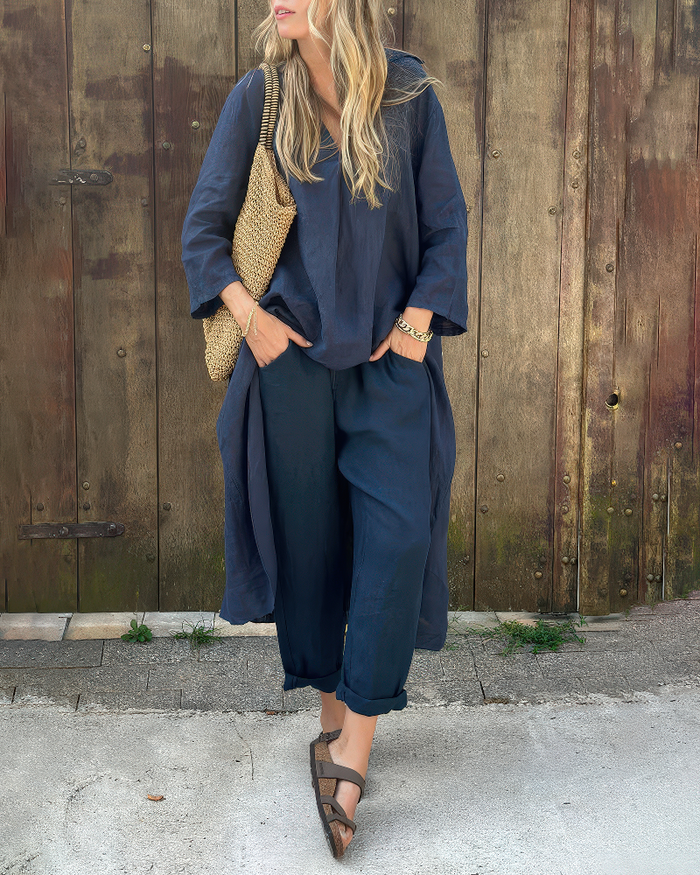 Elegant summer set for women with a long shirt and trousers