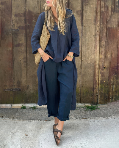 Elegant summer set for women with a long shirt and trousers