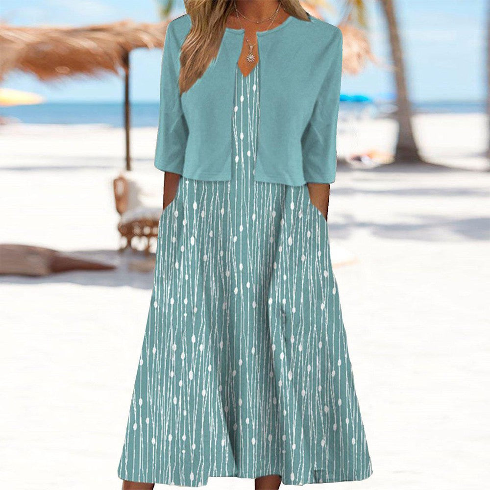 Leaf print midi dress and matching jacket for a complete look