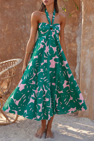 Carolina - Backless halterneck dresses with bohemian floral print