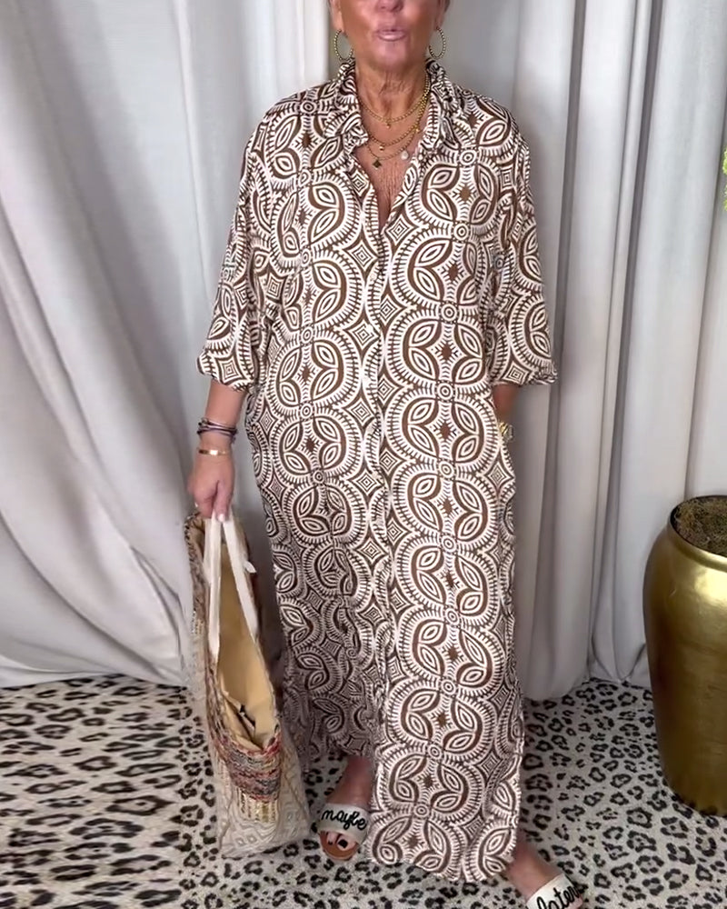 Martina - Long vintage print dress with flap pocket