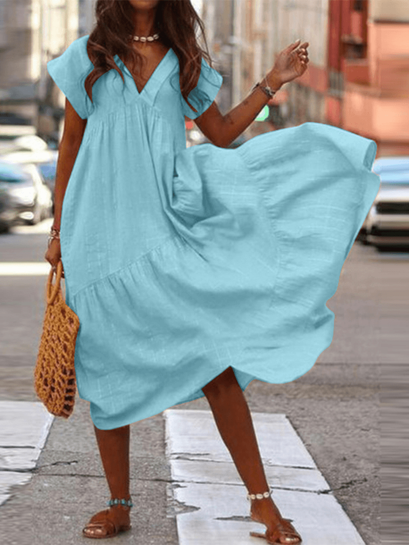 Amalie - Women's 100% Cotton V-Neck Loose Casual Plain Dress