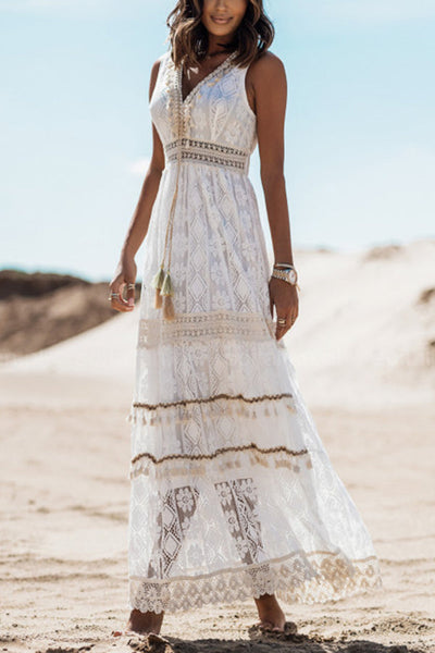 Berta - Boho Kisses Maxi Dress with Tassel and Lace