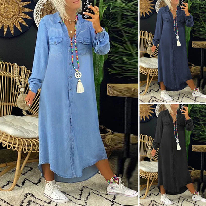 Elisa - Women's Solid Color Denim Dress