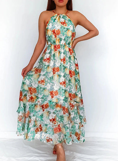 Delia - Elegant Floral Halter Waist Skirt Dresses