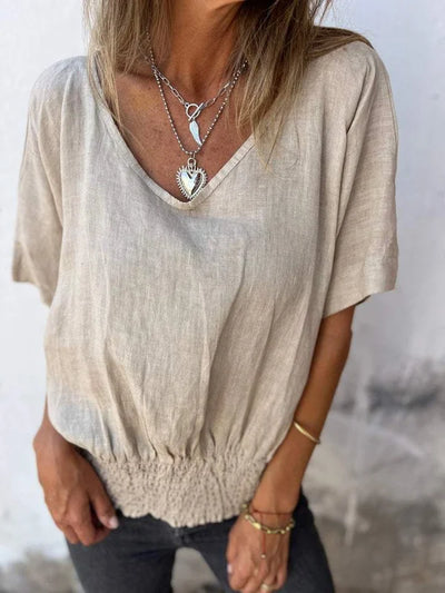 Jessica - Cotton and linen V-neck top with gathered hem