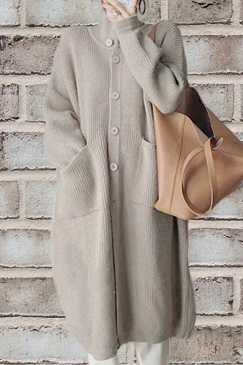 Women's Long Button-Down Cardigan with Collar and Pockets - Layered Sweater