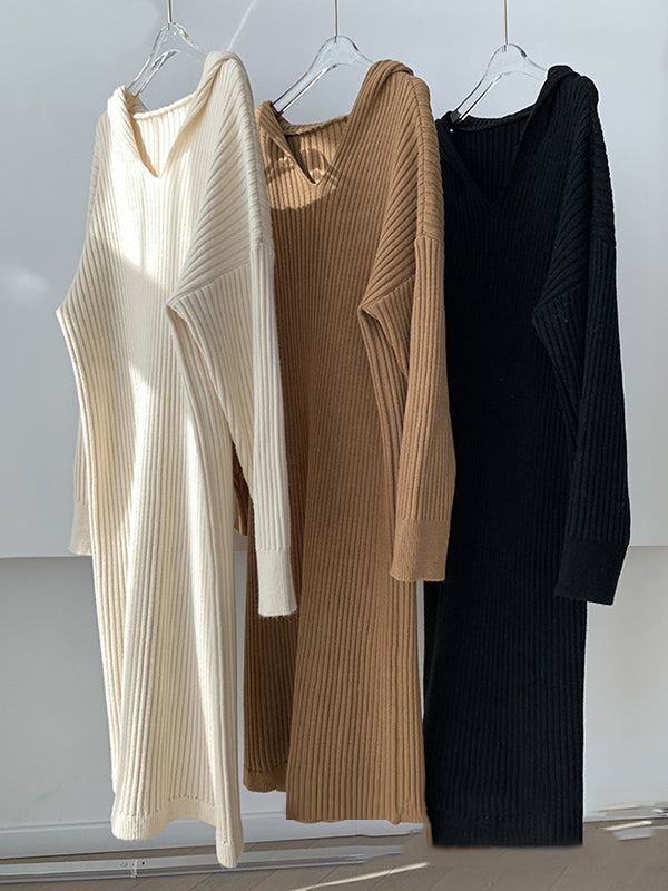 Elegant Striped Hooded Dress with Long Sleeves in Peach