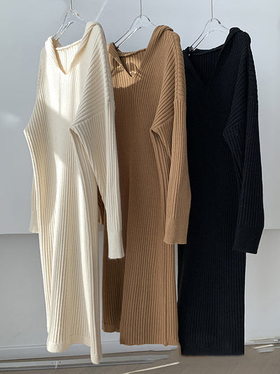 Elegant Striped Hooded Dress with Long Sleeves in Peach