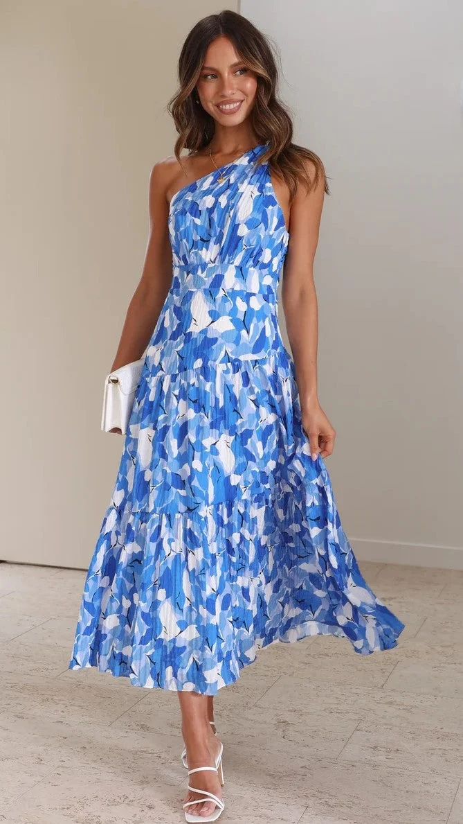 Vanessa - Blue One Shoulder Floral Midi Dress