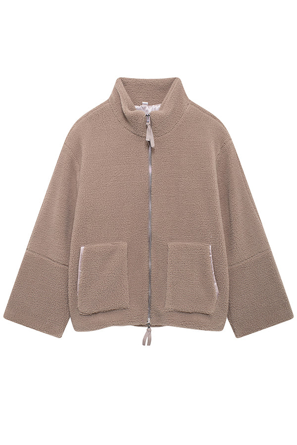 Elegant Women's Solid Color Loose Coat with High Neck, Long Sleeves and Pockets