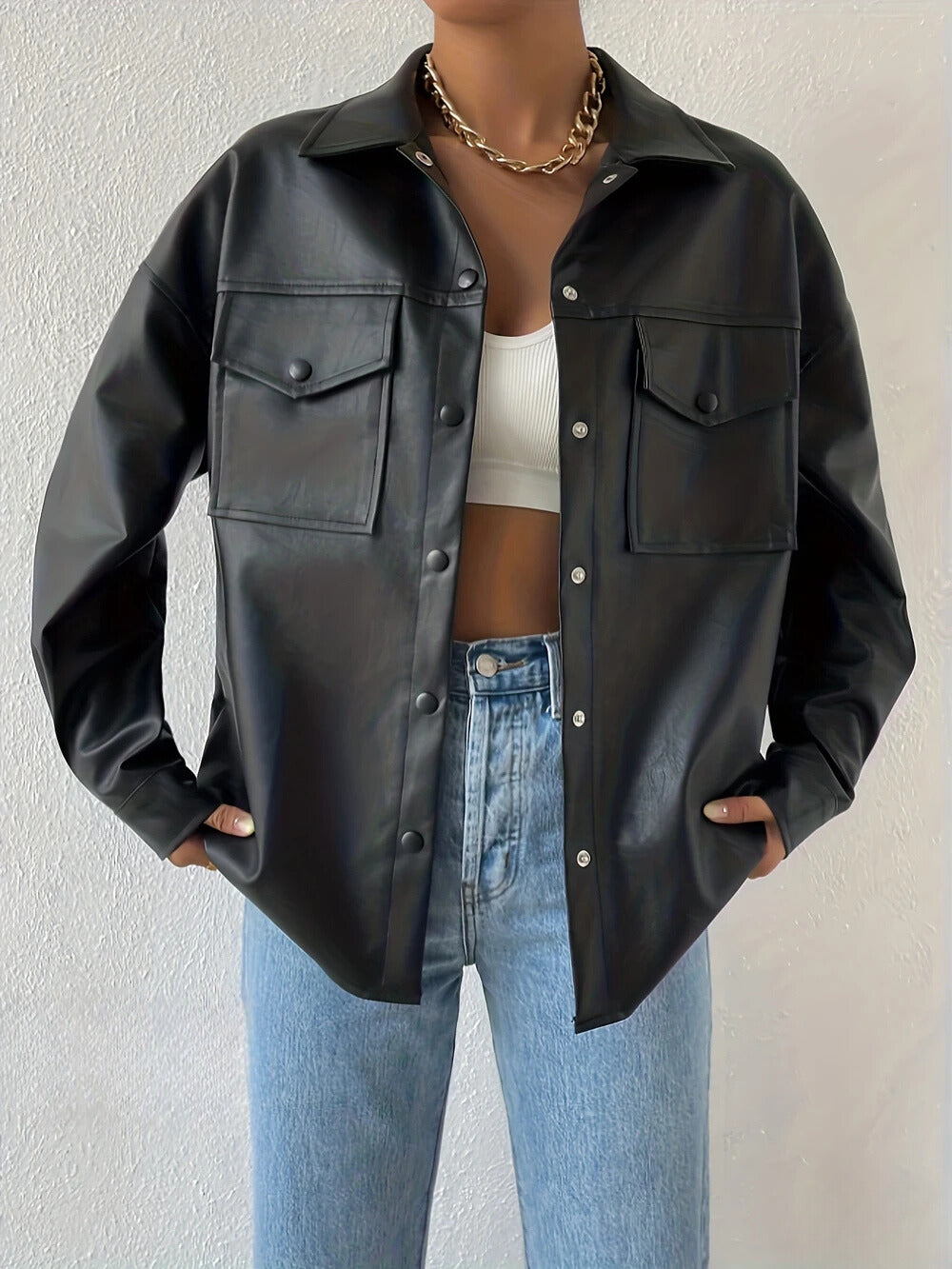 Women's Urban Style Button Front Biker Jacket - Long Sleeve Design
