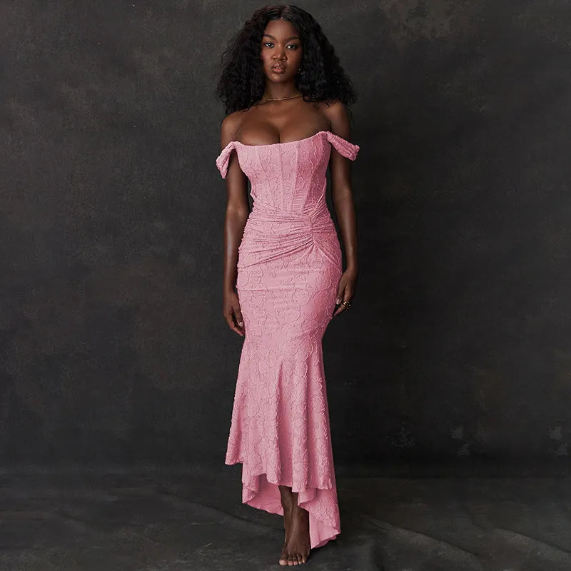 Eva - Solid Color V-Neck High Waist Fitted Long Dress