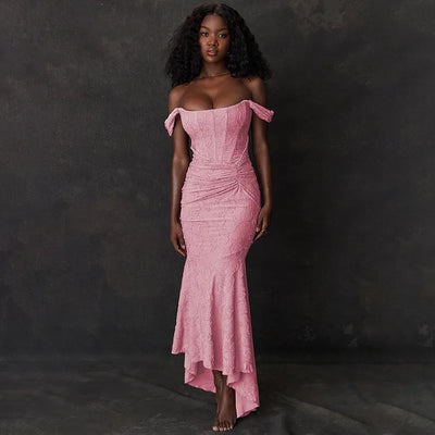Eva - Solid Color V-Neck High Waist Fitted Long Dress