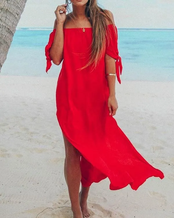 Irene - Women's Oversized Side Slit Maxi Dress, Off Shoulder Loose Dress