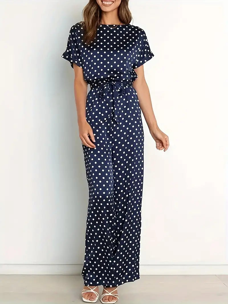 Women's long jumpsuit with elegant design and polka dot print