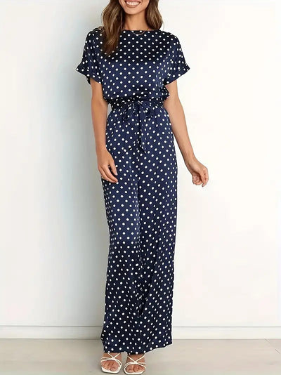 Women's long jumpsuit with elegant design and polka dot print