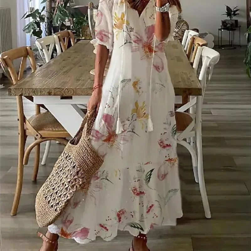 Delia - Women's Dresses Long V-neck Half Sleeve Dress with Beard Print