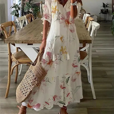 Delia - Women's Dresses Long V-neck Half Sleeve Dress with Beard Print