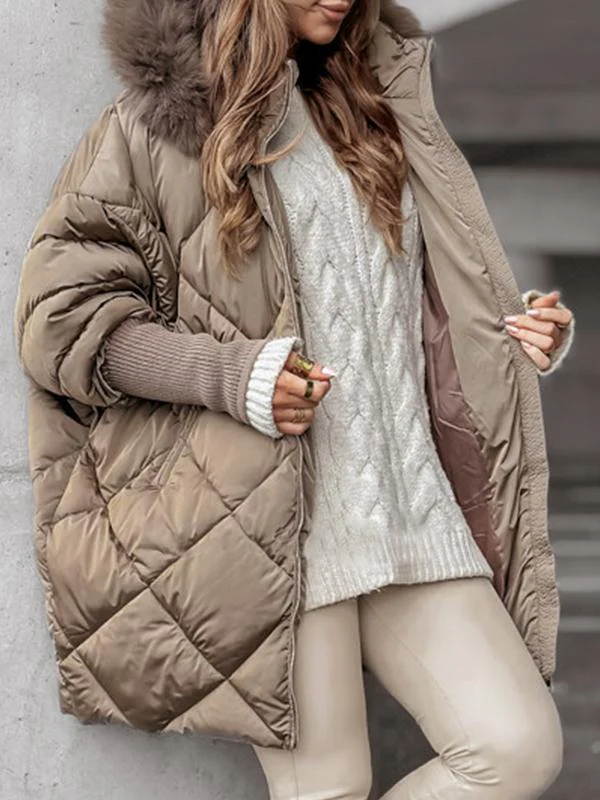 Women's Winter Hooded Zip-Up Jacket – Elegant Diamond Design