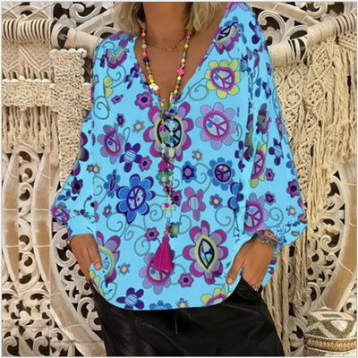 Abstract print button-down shirt with V-neck