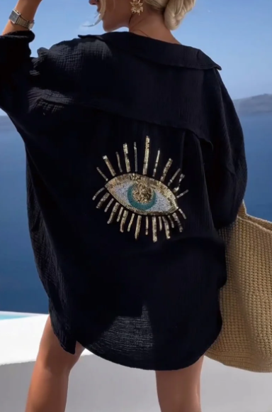 Laura - Evil Eye Sequin and Beaded Casual Shirt