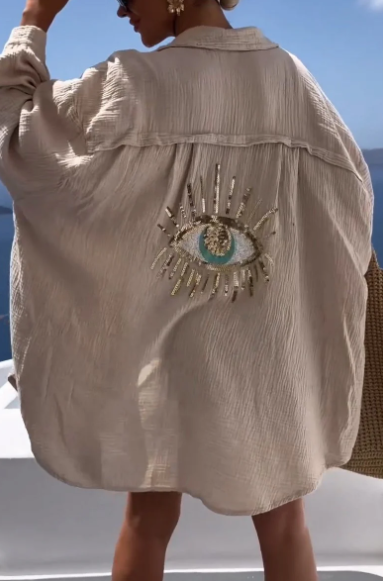 Laura - Evil Eye Sequin and Beaded Casual Shirt