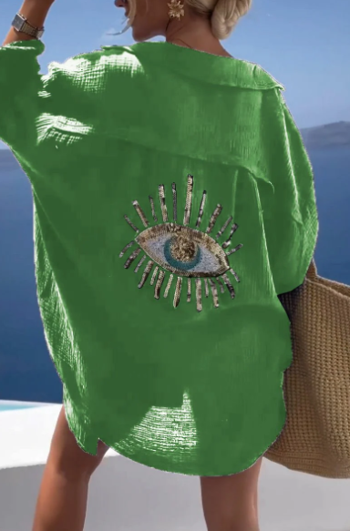 Laura - Evil Eye Sequin and Beaded Casual Shirt
