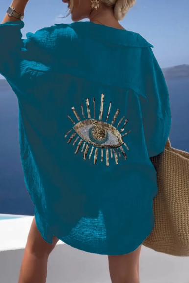 Laura - Evil Eye Sequin and Beaded Casual Shirt