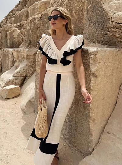 Estefania - Women's Contrast Ruffle Sleeveless Crop Top Set