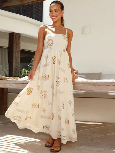 Xenia - Painting Dress Square Neck Straps Cutout Casual Maxi Dresses