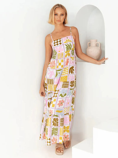 Xenia - Painting Dress Square Neck Straps Cutout Casual Maxi Dresses