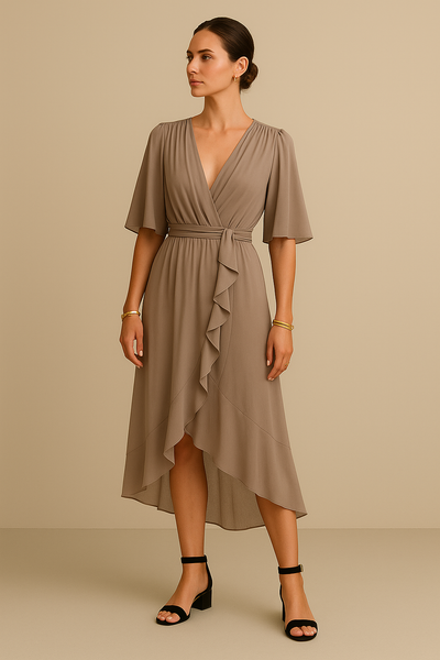 Elegant midi dress with wide short sleeves and a flowing asymmetric hem