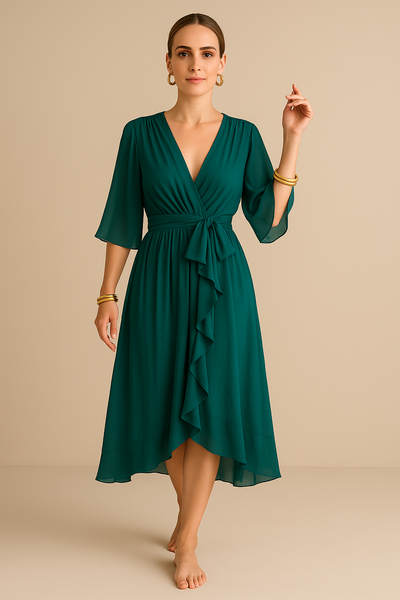 Elegant midi dress with wide short sleeves and a flowing asymmetric hem