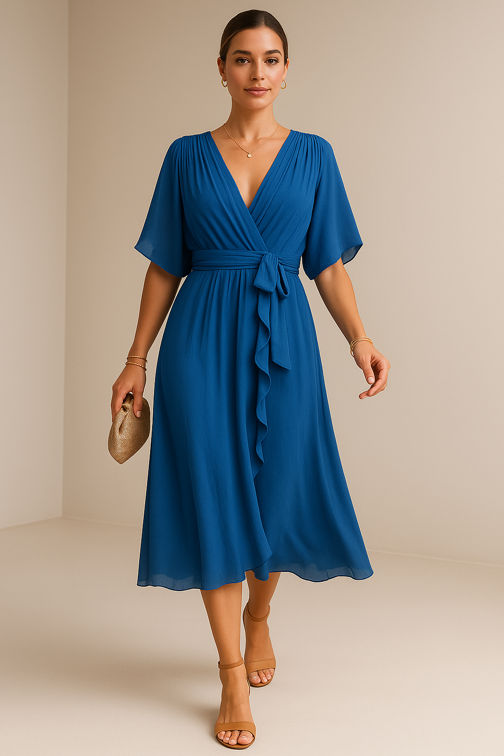Elegant midi dress with wide short sleeves and a flowing asymmetric hem