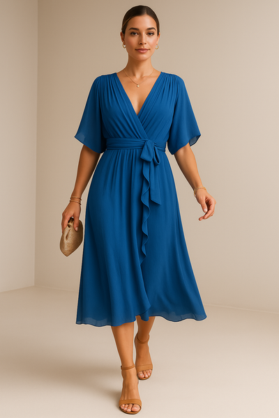 Elegant midi dress with wide short sleeves and a flowing asymmetric hem