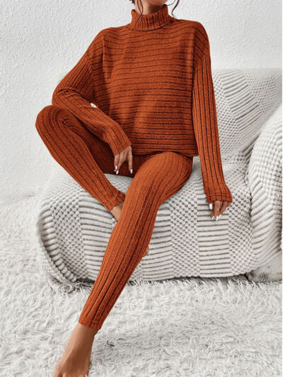 Ribbed turtleneck sweater and pants set