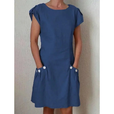 Micaela - Casual woven dress with short sleeves and a round neckline, khaki