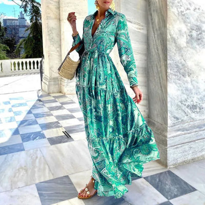 Laura - Pleated Maxi Party Dress with Long Lapel and Bohemian Floral Print