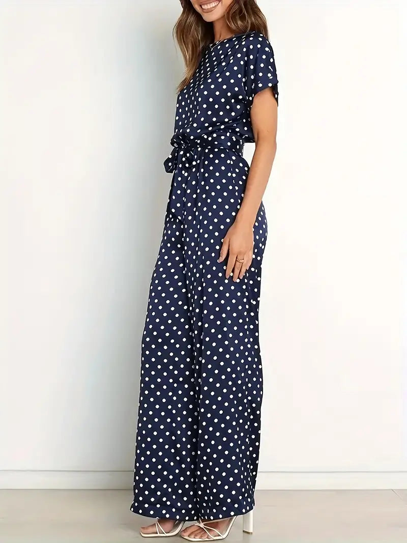 Women's long jumpsuit with elegant design and polka dot print